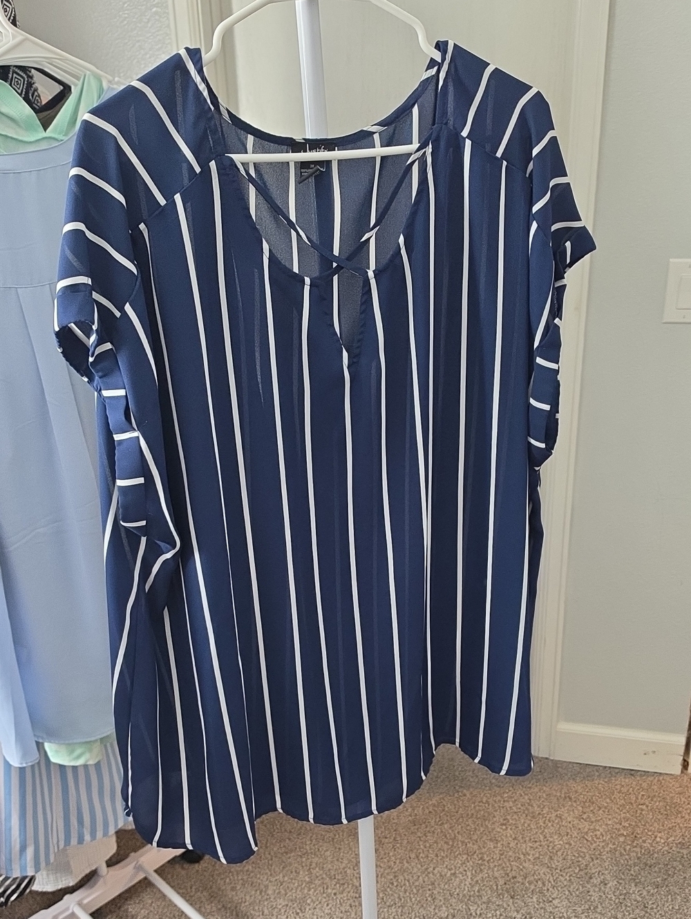 Justify Navy and White Vertical Stripe Short Sleeve Tunic